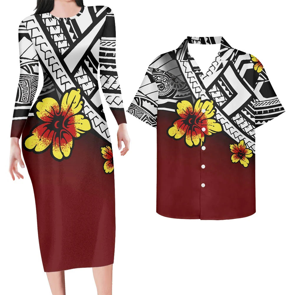 Valentine's Days Couple Clothing Set Plus Size Women's Dresses Matching Men Shirts Pacific Island Pattern Women Elegant Dresses