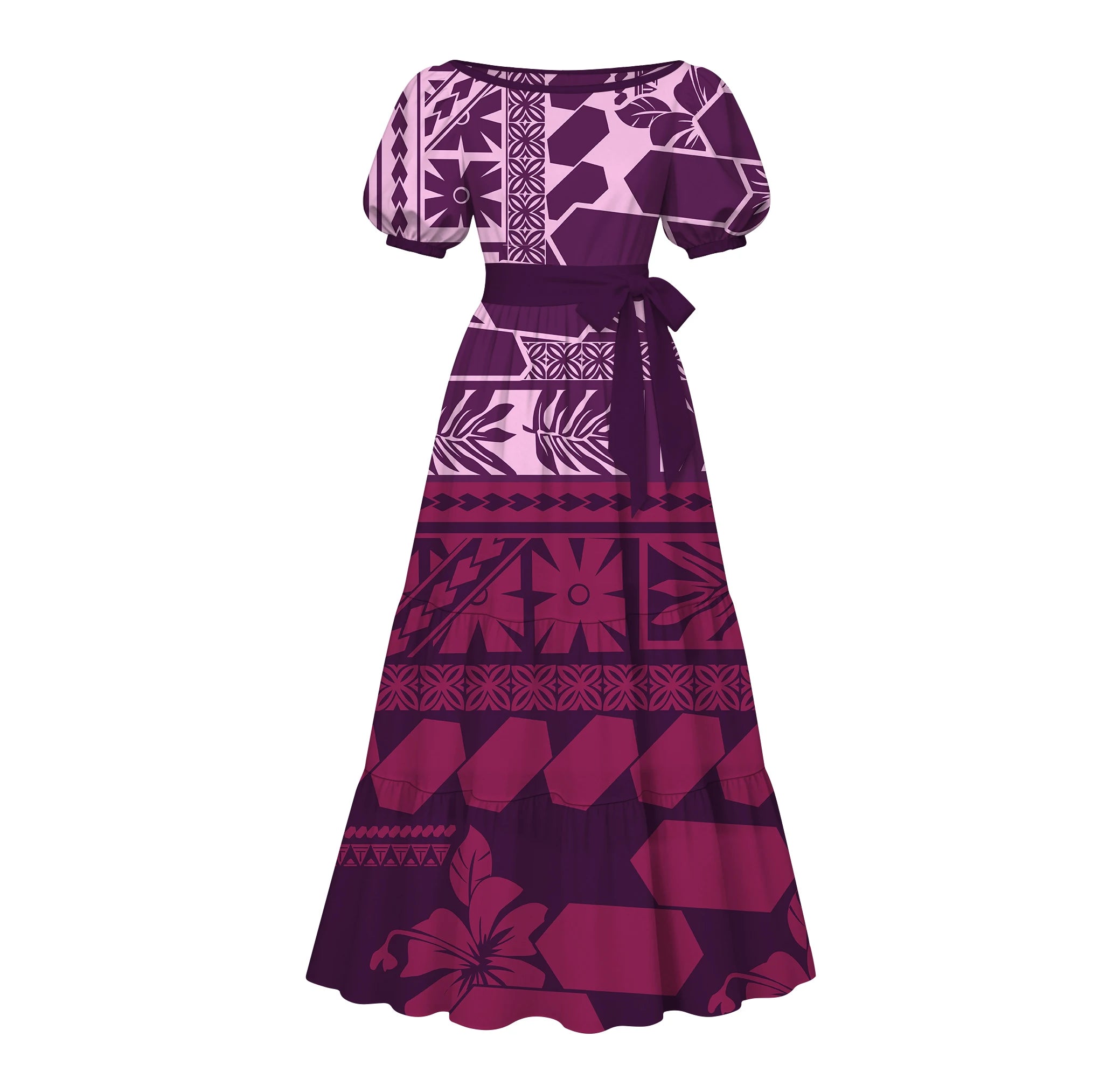 Made to Order Tonga Polynesian Hibiscus Tribal Motif Puff Sleeve Tiered Maxi Dress square Neck Ladies Island Daily Apparel