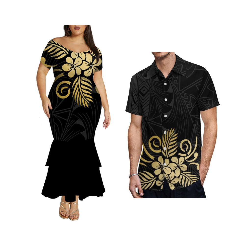 Dropshipping Design Hawaii Print Plus Size Women Mermaid Long Dress Custom Match Summer Aloha Men Shirt Couple Clothing 2 Pieces