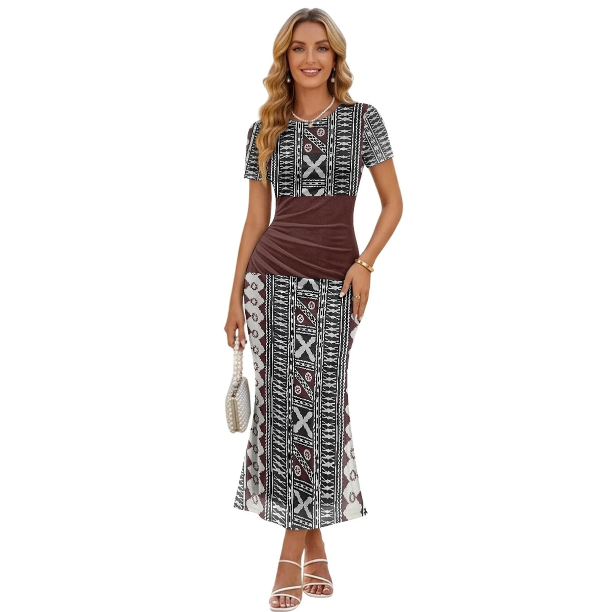 Fashion Trendy Polynesian Samoan Tattoo Tapa Design Plus Size Women Long Party Dress Round Neck Short Sleeved Elegant Slim Dress