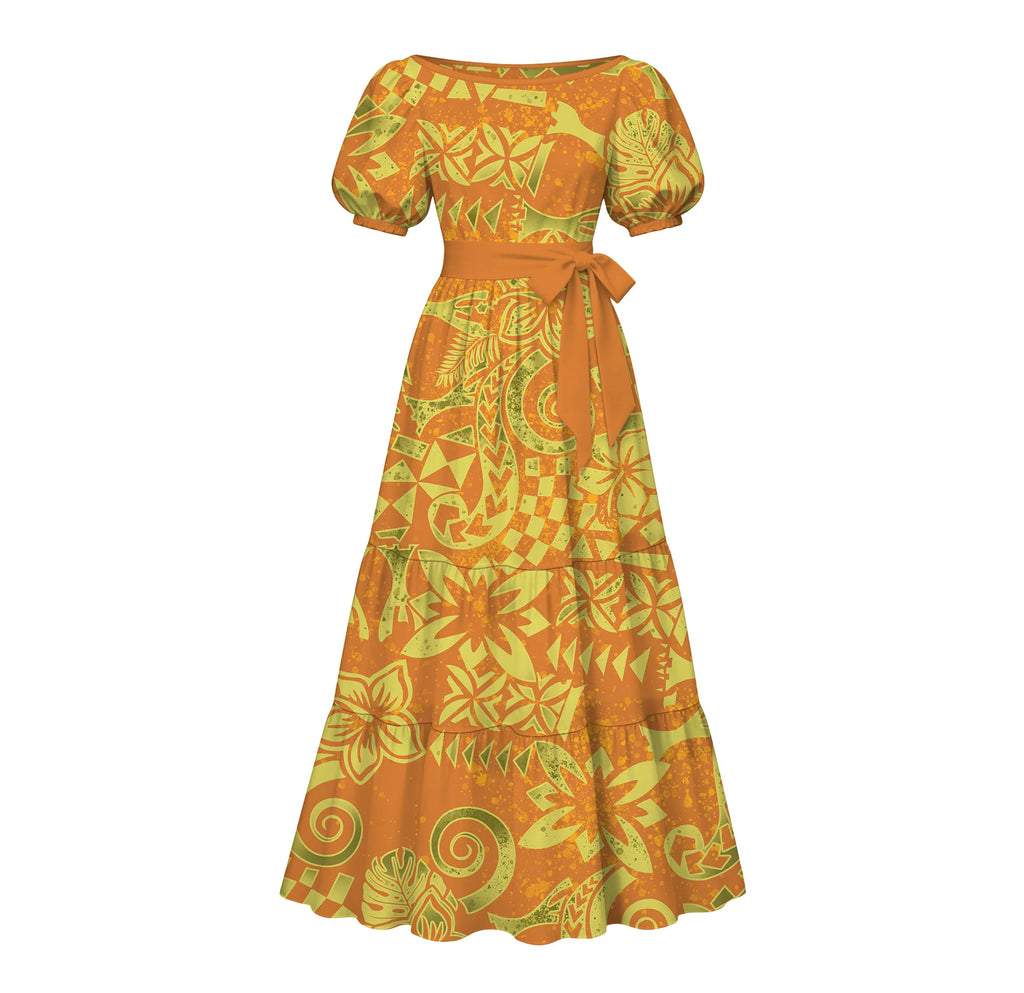 Made to Order Tonga Polynesian Hibiscus Tribal Motif Puff Sleeve Tiered Maxi Dress square Neck Ladies Island Daily Apparel