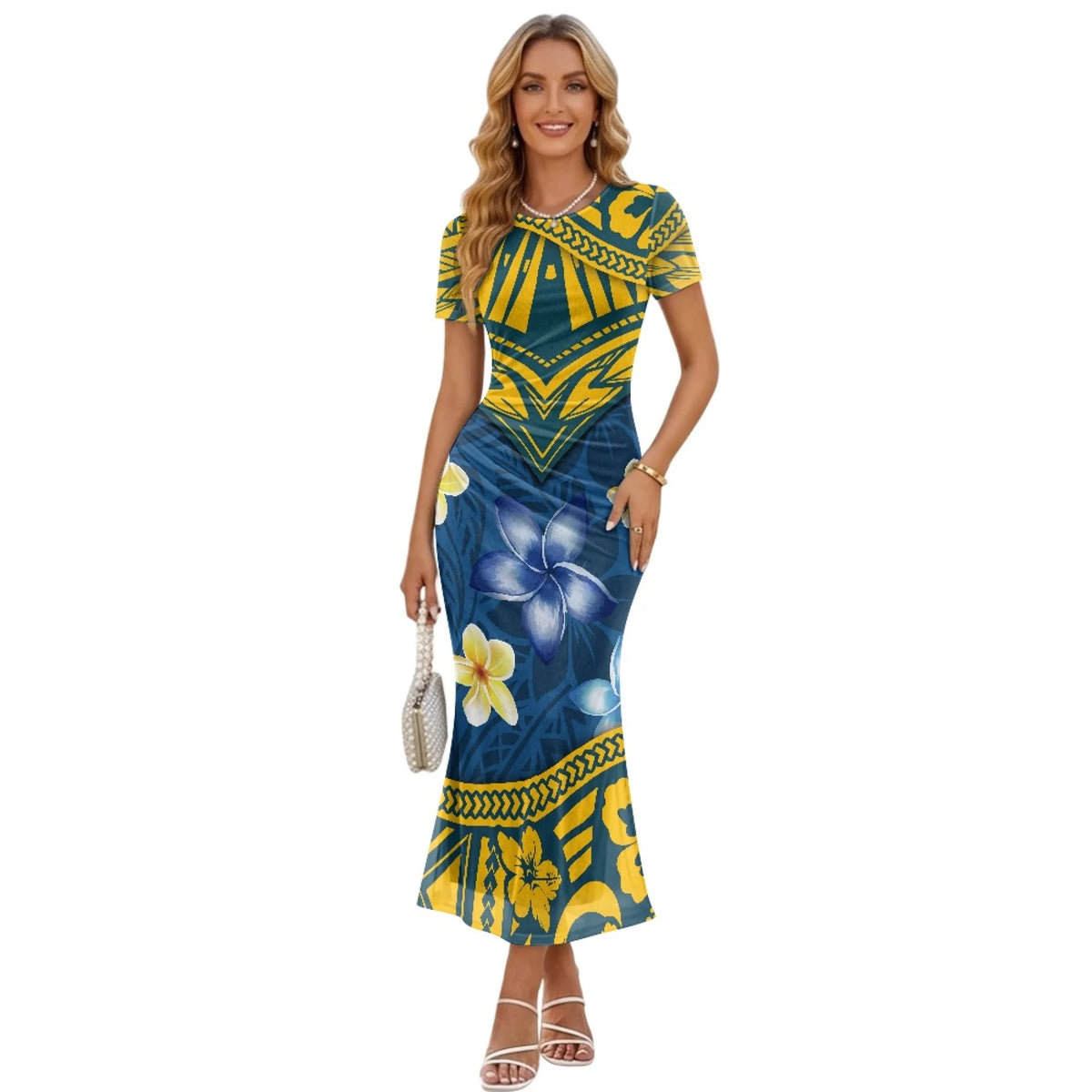 Fashion Trendy Polynesian Samoan Tattoo Tapa Design Plus Size Women Long Party Dress Round Neck Short Sleeved Elegant Slim Dress