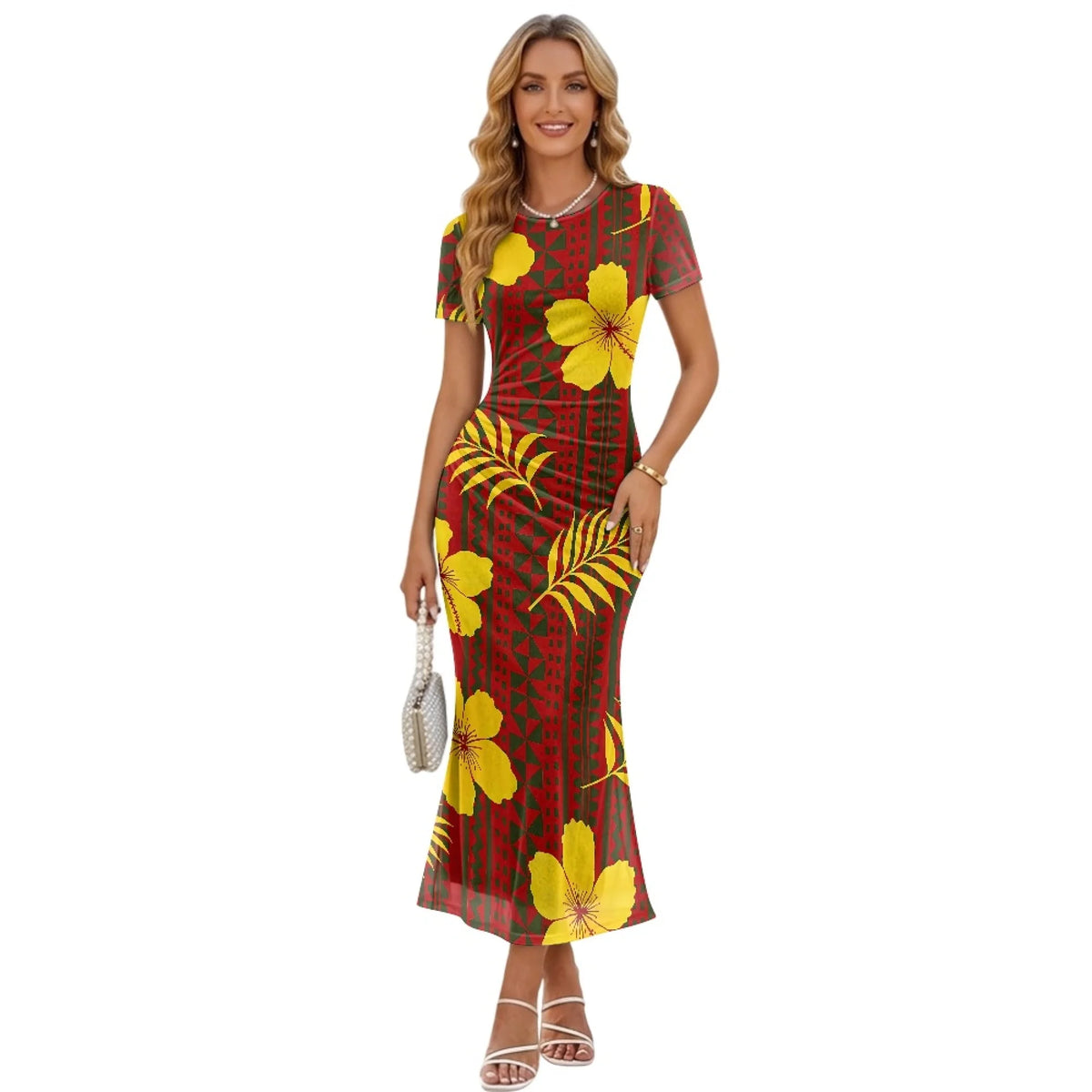 Fashion Trendy Polynesian Samoan Tattoo Tapa Design Plus Size Women Long Party Dress Round Neck Short Sleeved Elegant Slim Dress