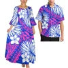 Pink Tribal Floral Matching Couple Outfit Ladies Flare Sleeve Long Dress Men Aloha Shirt Tropical Beach Vacation Matching Set
