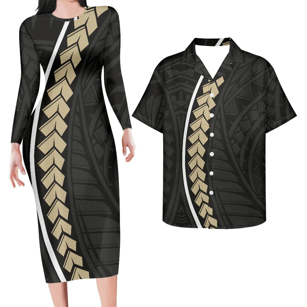 Valentine's Days Couple Clothing Set Plus Size Women's Dresses Matching Men Shirts Pacific Island Pattern Women Elegant Dresses