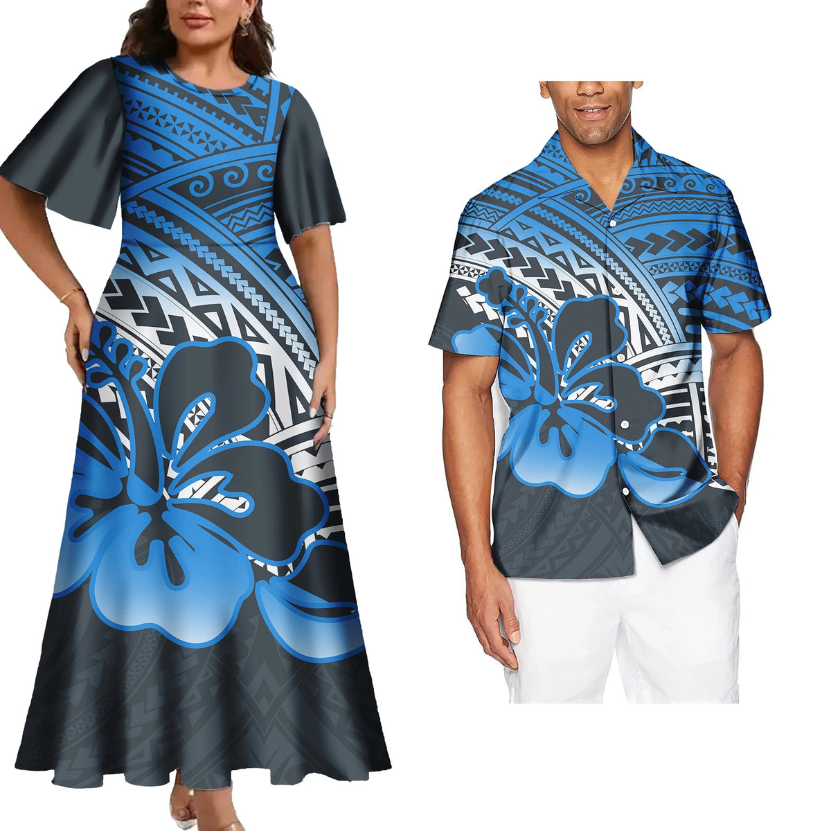 Hot Sales Polynesian Samoan Tribal Custom Design Women's Big Size Dress Match Men Shirts 2 Pcs Tattoo Sets of Couple