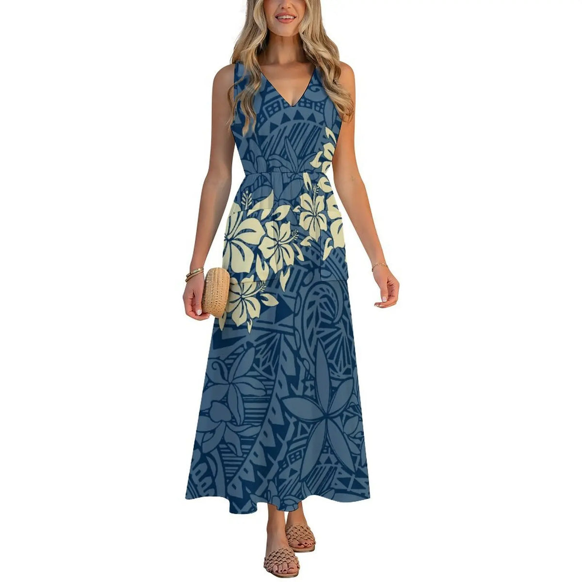Factory Wholesale Price Custom Sleeveless Design Ladies Dresses Pacific Island Design V-neck Vest I-pocket Dress Womens Dress