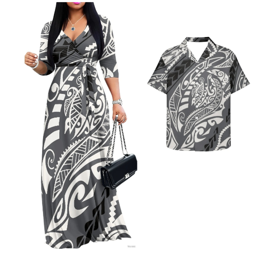 Trending Luxury Couple Matching Hawaiian Luau Party Outfit Set Polynesian Hawaiian Pattern Puletasi Print Dress and Men's Shirt