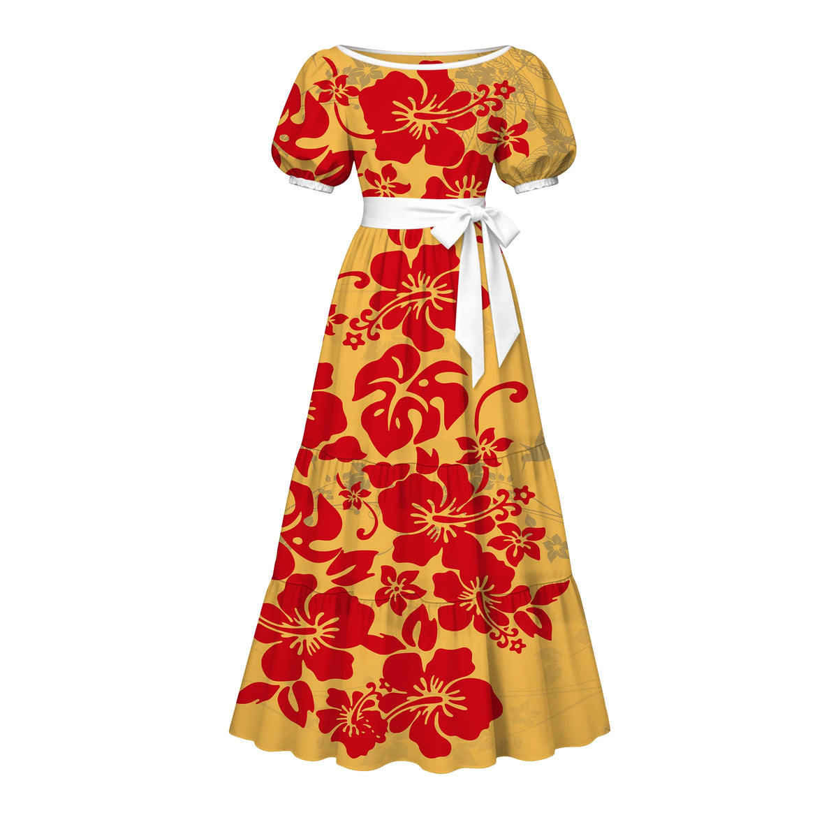 Factory Custom Split Teal White Red Polynesian Tribal Print Maxi Dress Women Boat Neck Puff Short Sleeve Pacific Island Dress