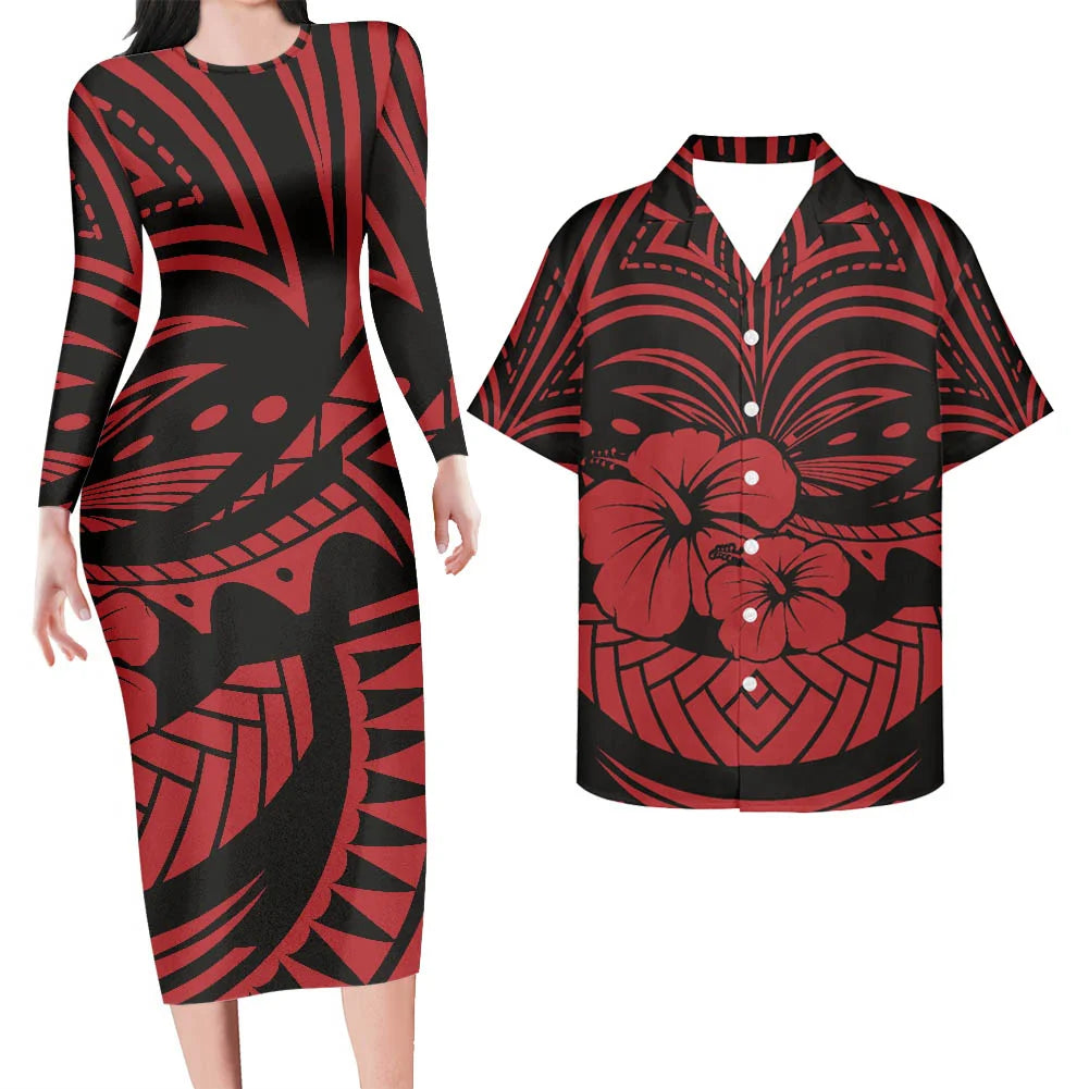 Valentine's Days Couple Clothing Set Plus Size Women's Dresses Matching Men Shirts Pacific Island Pattern Women Elegant Dresses