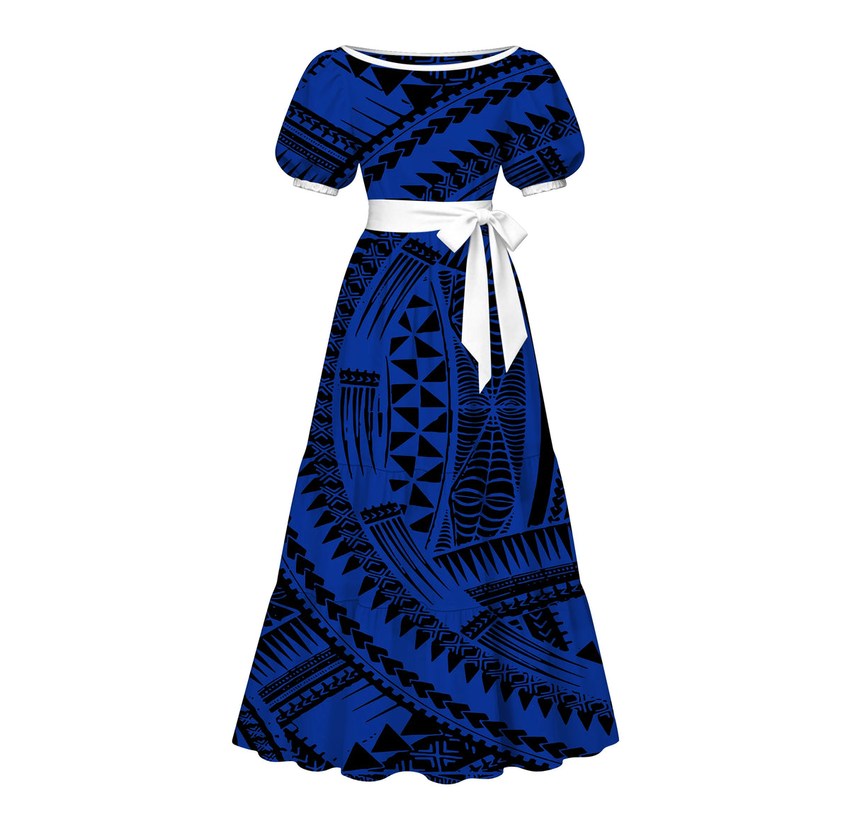 Factory Custom Split Teal White Red Polynesian Tribal Print Maxi Dress Women Boat Neck Puff Short Sleeve Pacific Island Dress