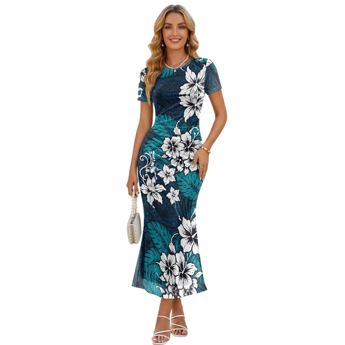 Fashion Trendy Polynesian Samoan Tattoo Tapa Design Plus Size Women Long Party Dress Round Neck Short Sleeved Elegant Slim Dress