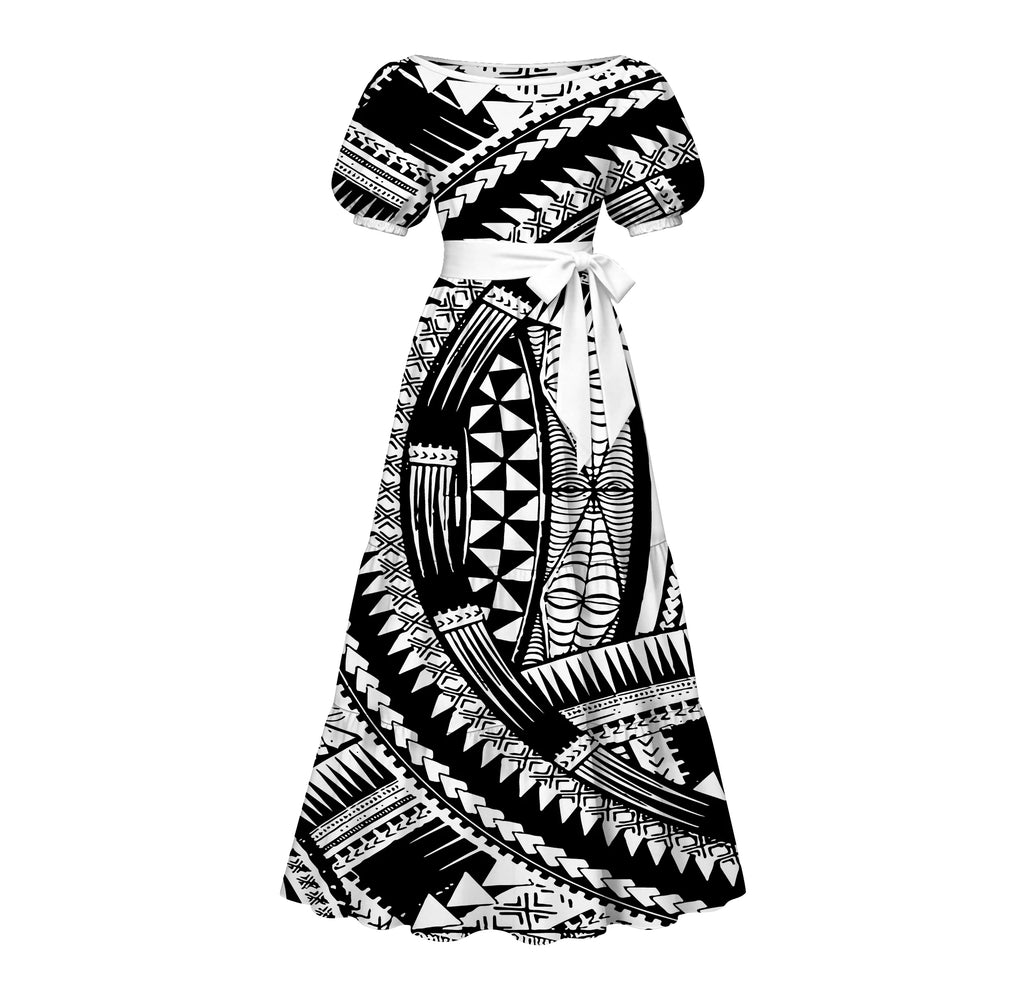 Factory Custom Split Teal White Red Polynesian Tribal Print Maxi Dress Women Boat Neck Puff Short Sleeve Pacific Island Dress