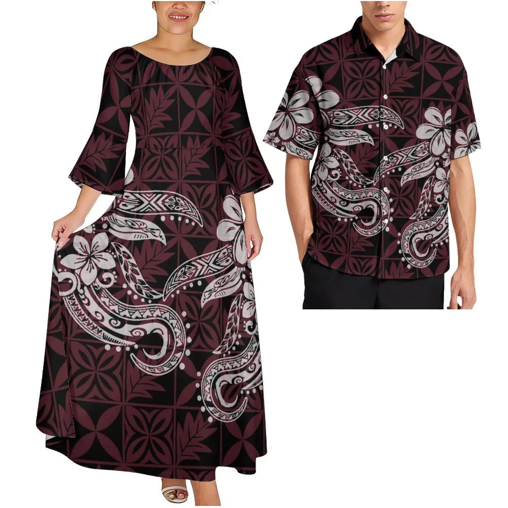 Pink Tribal Floral Matching Couple Outfit Ladies Flare Sleeve Long Dress Men Aloha Shirt Tropical Beach Vacation Matching Set