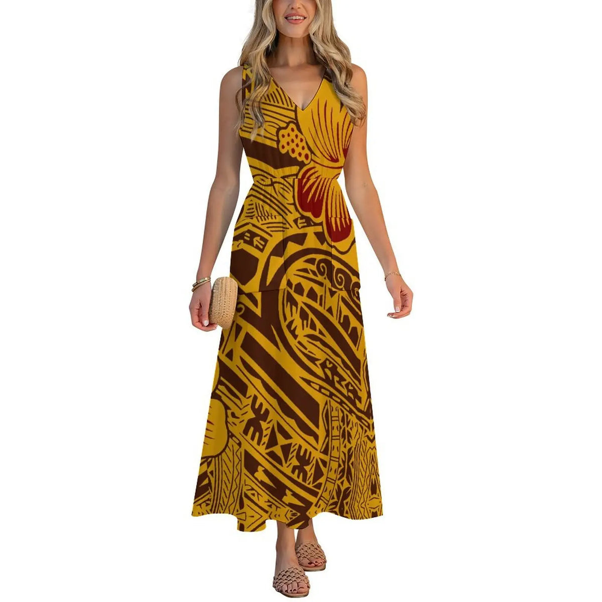 Factory Wholesale Price Custom Sleeveless Design Ladies Dresses Pacific Island Design V-neck Vest I-pocket Dress Womens Dress