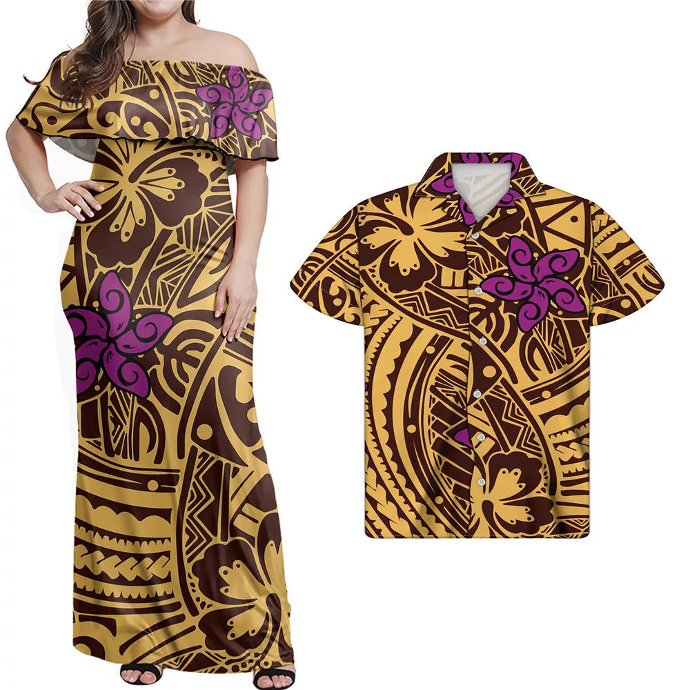 Polynesian Design Outfits Women's Off the Shoulder Dress Luxury Tribal Tropical Print Elegant Party Clothing Pacific Island Wear