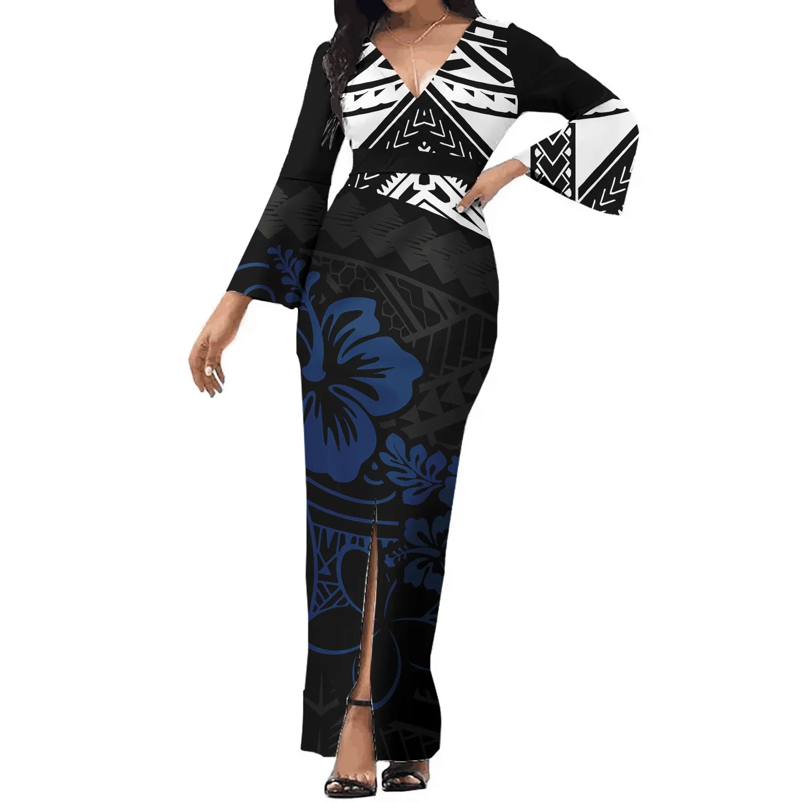 Polynesian Tribal Style Design Custom Logo Clothes Maxi Dresses Women Flare Sleeve Pacific Islander Bodycon Dress Samoan Dresses