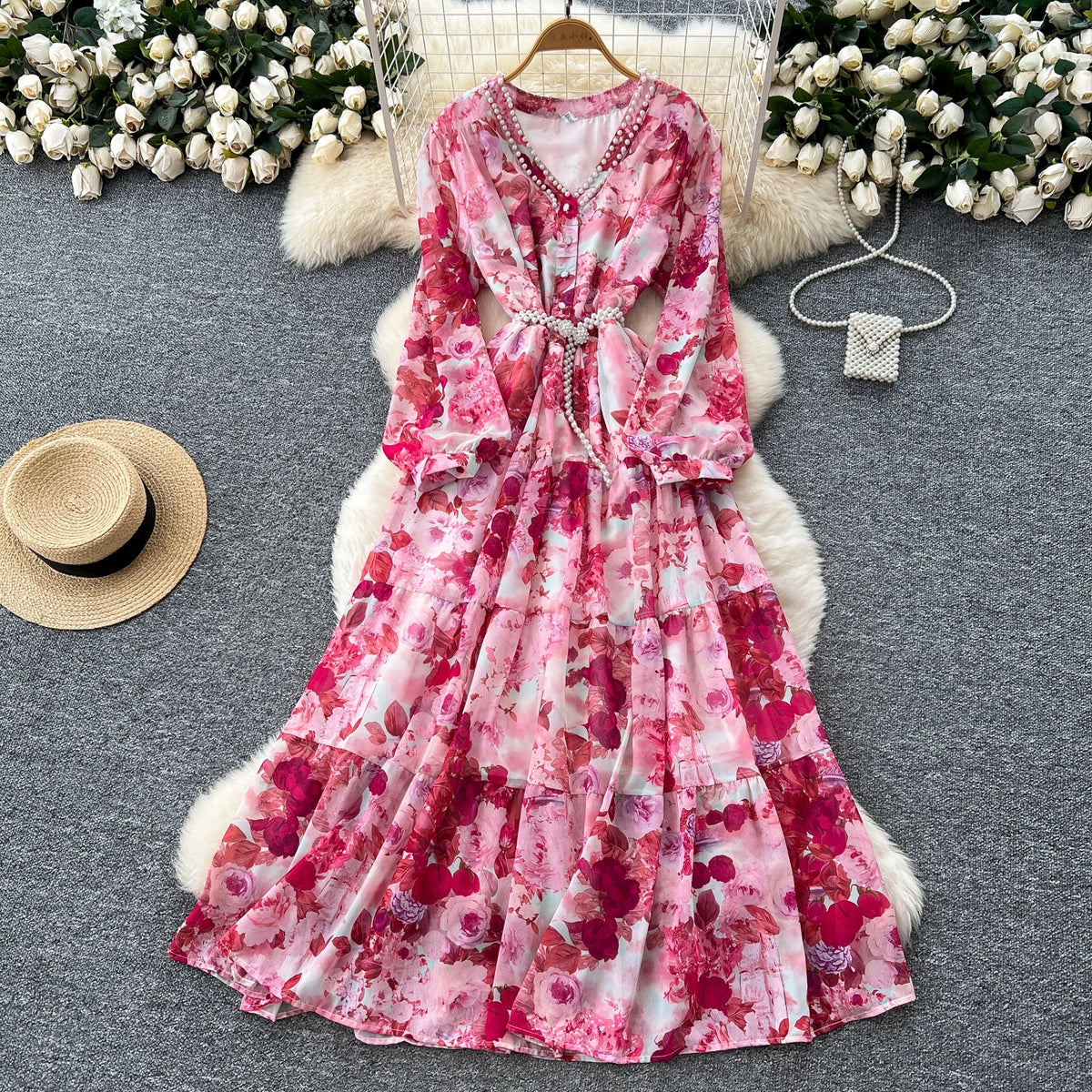 Boho V-Neck Lantern Sleeve Midi Dress