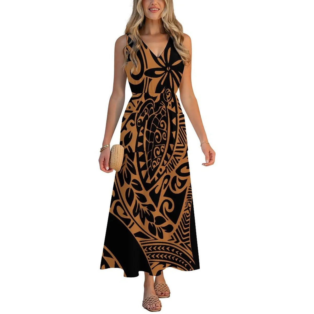 Factory Wholesale Price Custom Sleeveless Design Ladies Dresses Pacific Island Design V-neck Vest I-pocket Dress Womens Dress