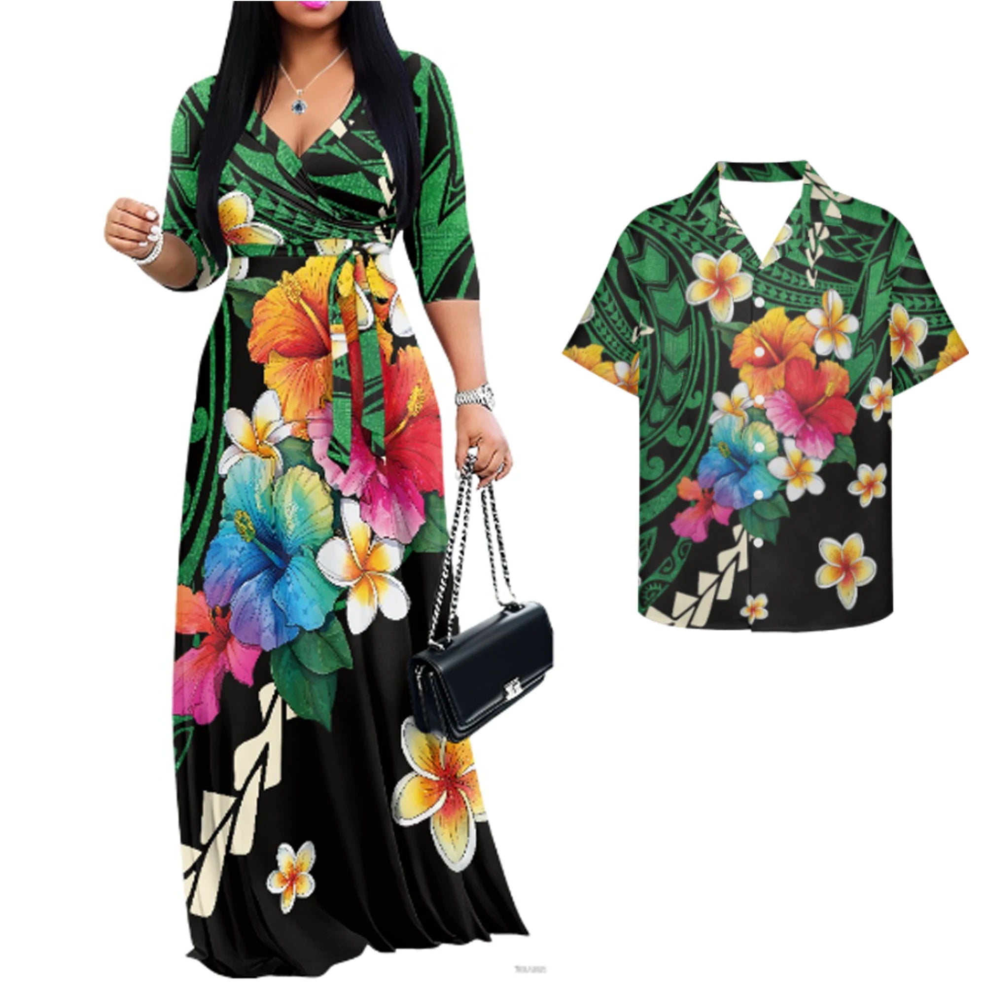 Vintage Couples Matchable Outfits His and Hers Matching Set Women Casual Long Maxi Dress with Pockets Men Hawaiian Design Shirts