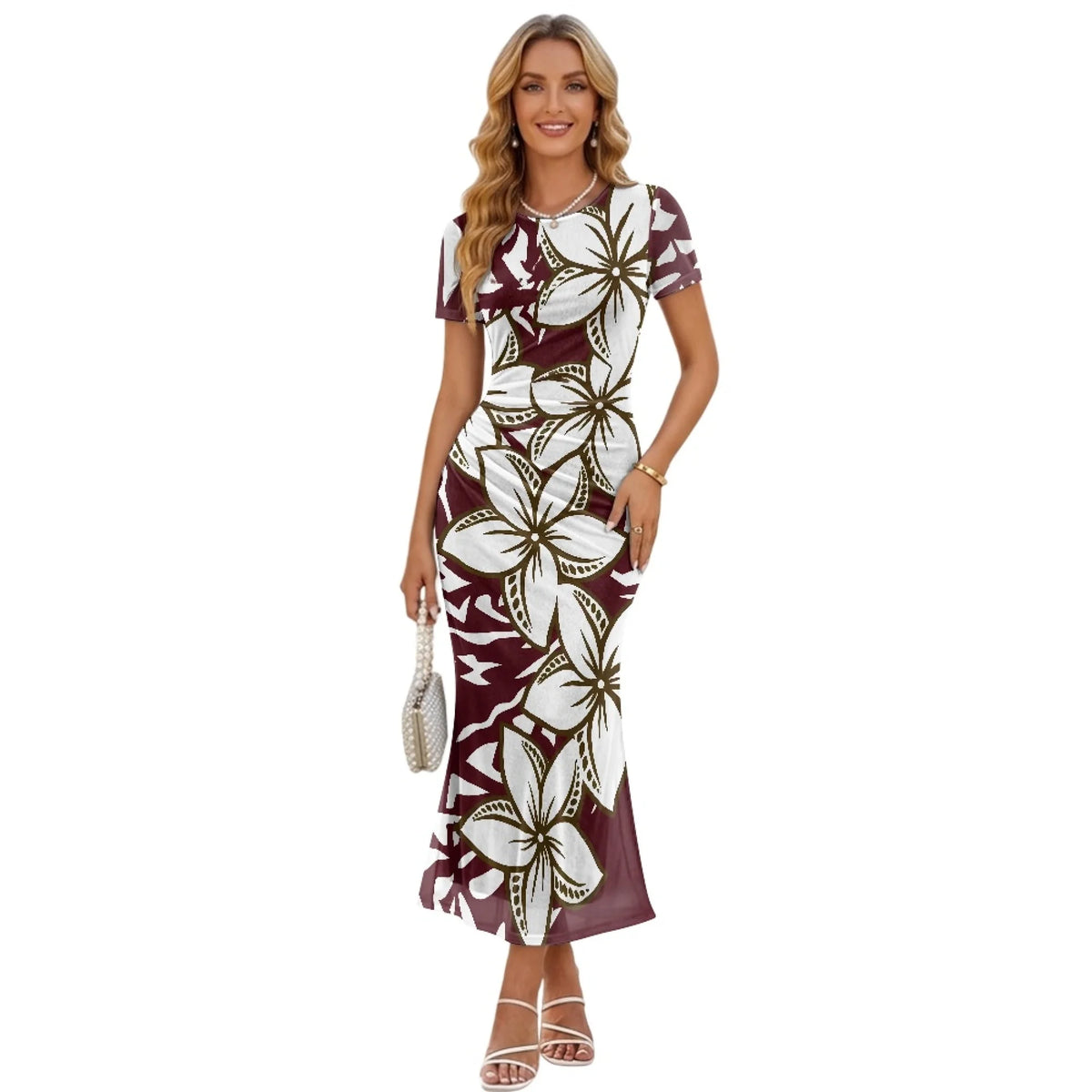 Fashion Trendy Polynesian Samoan Tattoo Tapa Design Plus Size Women Long Party Dress Round Neck Short Sleeved Elegant Slim Dress