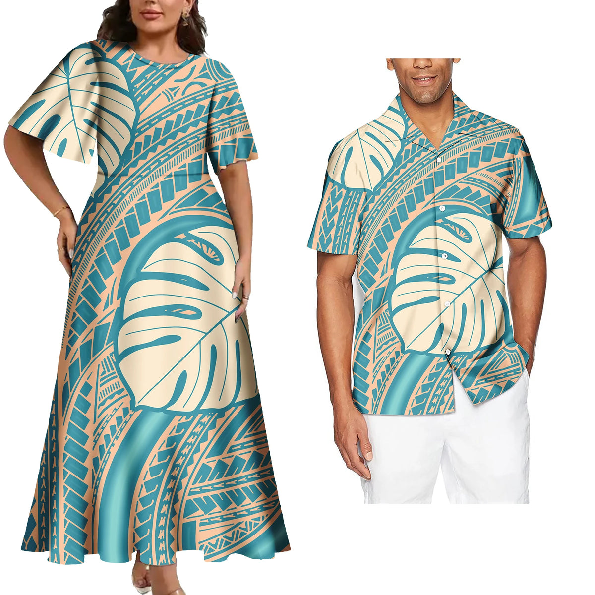 Hot Sales Polynesian Samoan Tribal Custom Design Women's Big Size Dress Match Men Shirts 2 Pcs Tattoo Sets of Couple