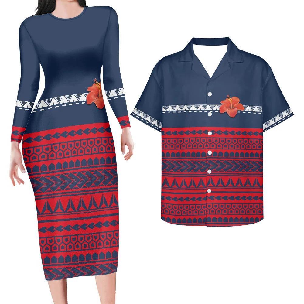 Valentine's Days Couple Clothing Set Plus Size Women's Dresses Matching Men Shirts Pacific Island Pattern Women Elegant Dresses
