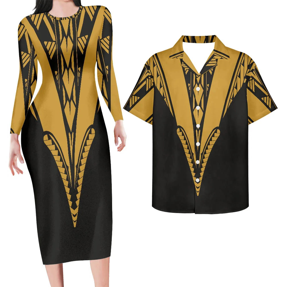 Valentine's Days Couple Clothing Set Plus Size Women's Dresses Matching Men Shirts Pacific Island Pattern Women Elegant Dresses