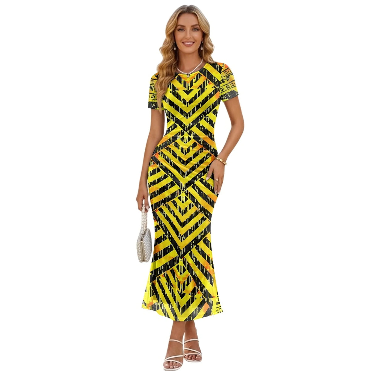 Fashion Trendy Polynesian Samoan Tattoo Tapa Design Plus Size Women Long Party Dress Round Neck Short Sleeved Elegant Slim Dress