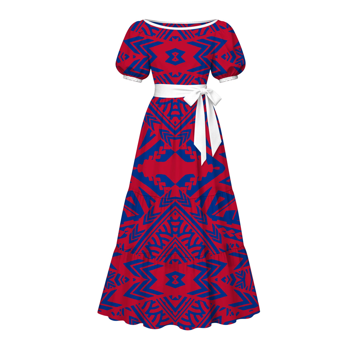 Factory Custom Split Teal White Red Polynesian Tribal Print Maxi Dress Women Boat Neck Puff Short Sleeve Pacific Island Dress