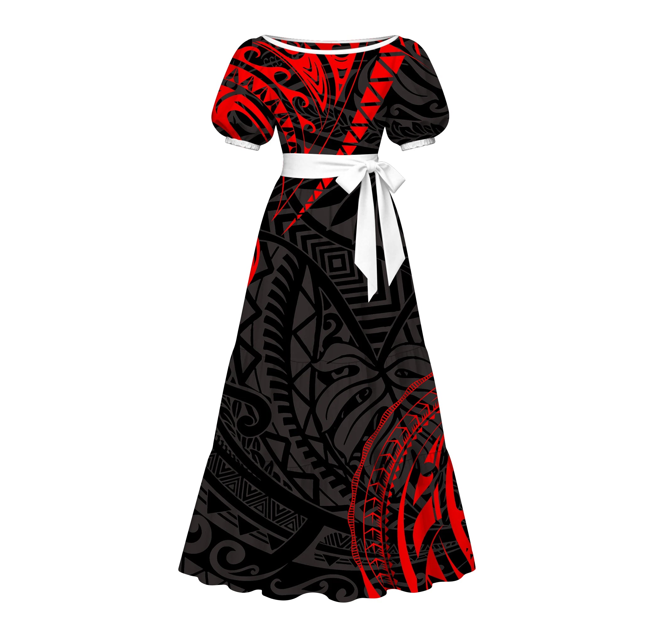 Factory Custom Split Teal White Red Polynesian Tribal Print Maxi Dress Women Boat Neck Puff Short Sleeve Pacific Island Dress