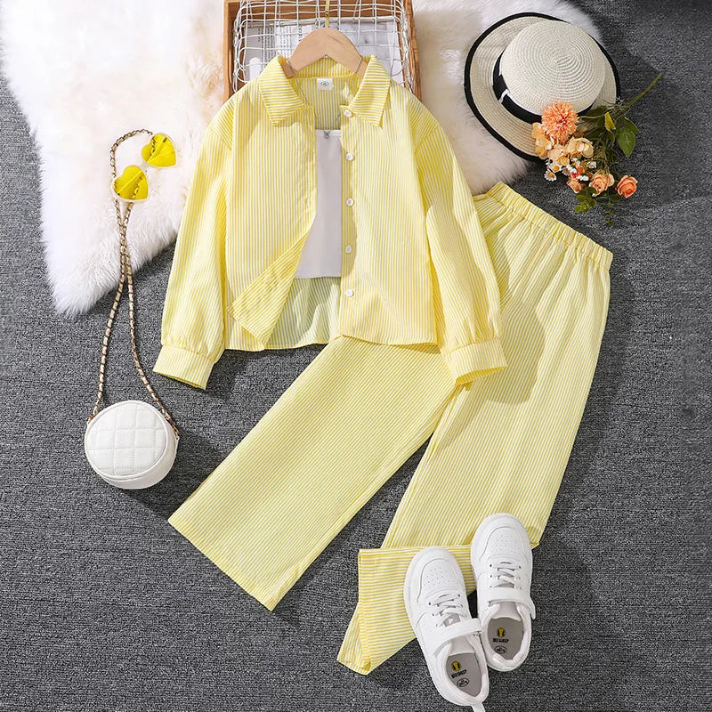 Medium and Large Children's Clothing Spring Children's Clothing New Arrival Striped Long Sleeve Shirt Top Trousers Girls Suit