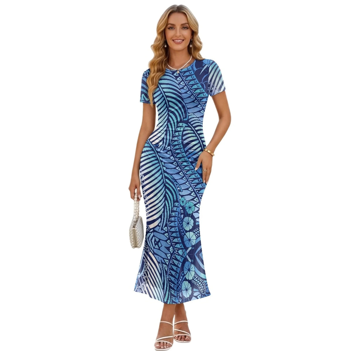 Fashion Trendy Polynesian Samoan Tattoo Tapa Design Plus Size Women Long Party Dress Round Neck Short Sleeved Elegant Slim Dress