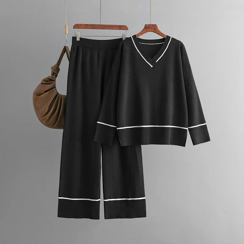 Women's Two-Piece Set V-Neck Pullover Sweater Loose Knitted Pants Solid Casual for Autumn Fashionable Ropa De Mujer Roupas