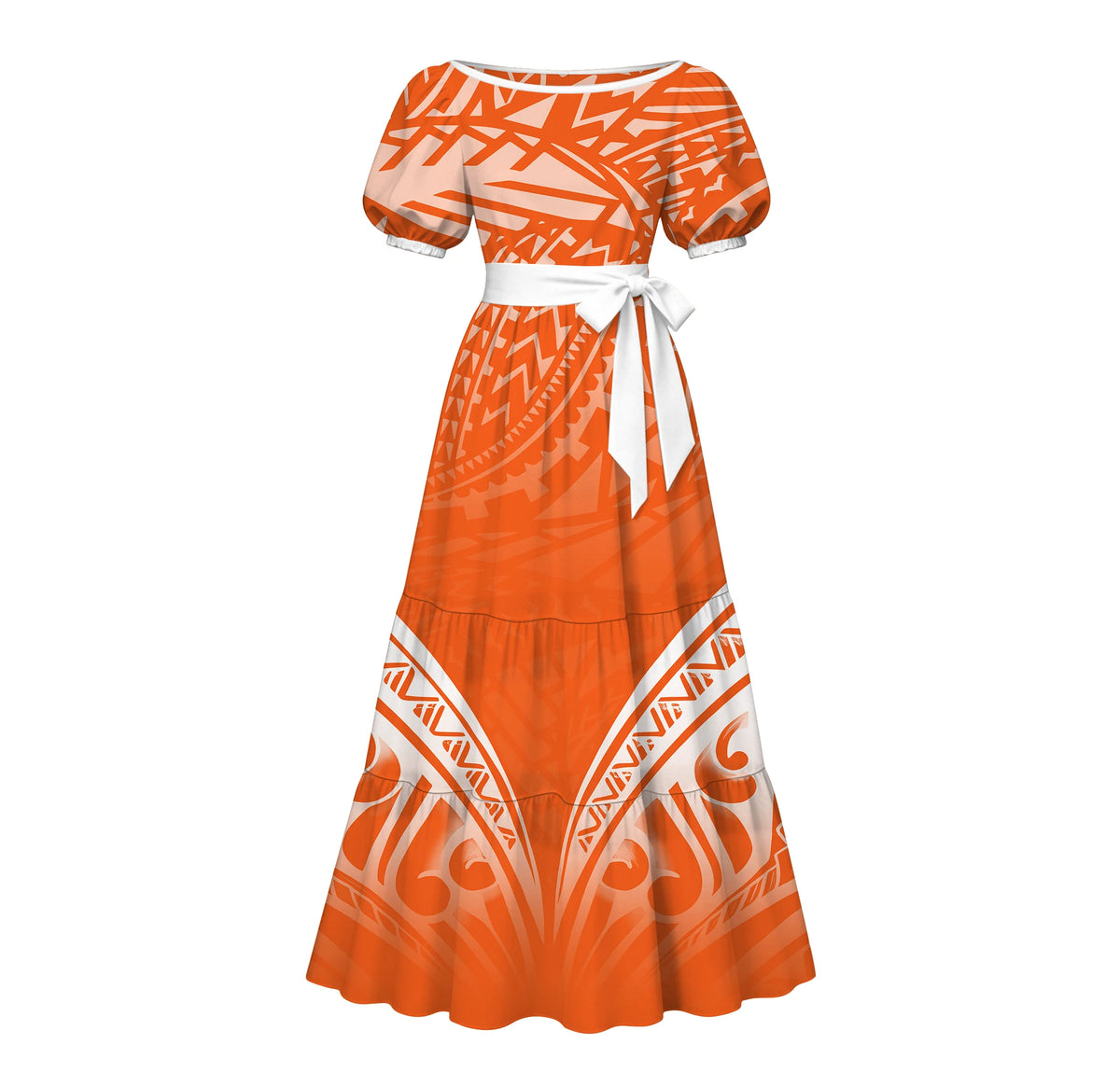 Factory Custom Split Teal White Red Polynesian Tribal Print Maxi Dress Women Boat Neck Puff Short Sleeve Pacific Island Dress