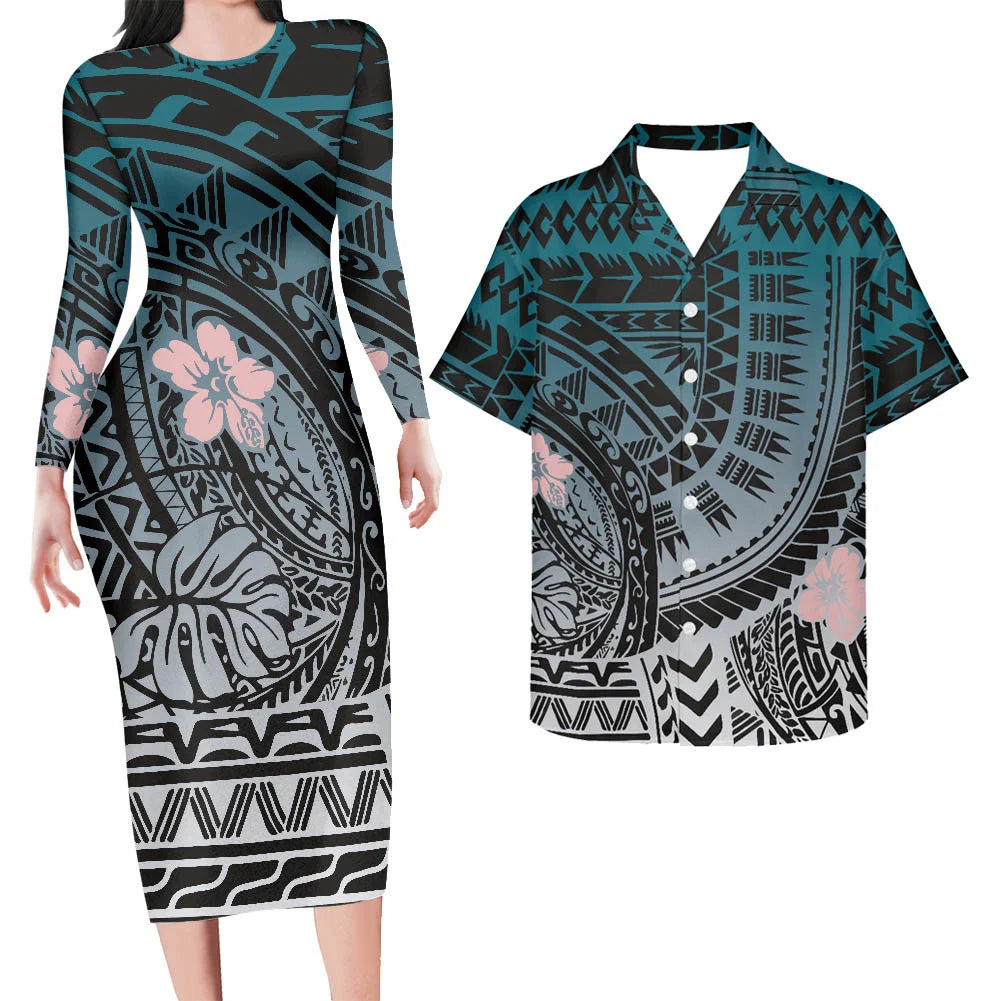 Valentine's Days Couple Clothing Set Plus Size Women's Dresses Matching Men Shirts Pacific Island Pattern Women Elegant Dresses