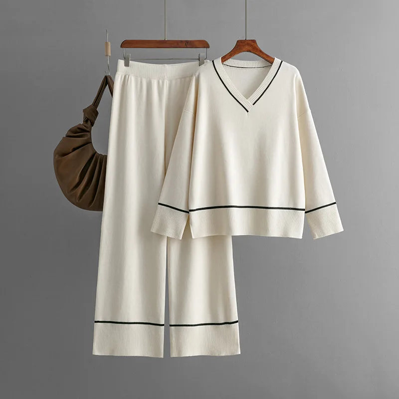 Women's Two-Piece Set V-Neck Pullover Sweater Loose Knitted Pants Solid Casual for Autumn Fashionable Ropa De Mujer Roupas