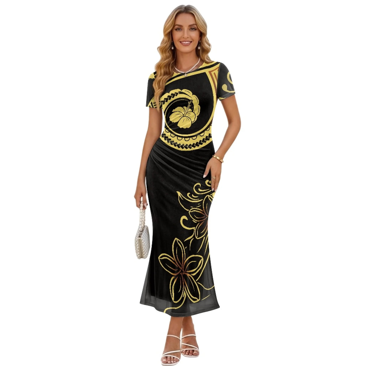Fashion Trendy Polynesian Samoan Tattoo Tapa Design Plus Size Women Long Party Dress Round Neck Short Sleeved Elegant Slim Dress