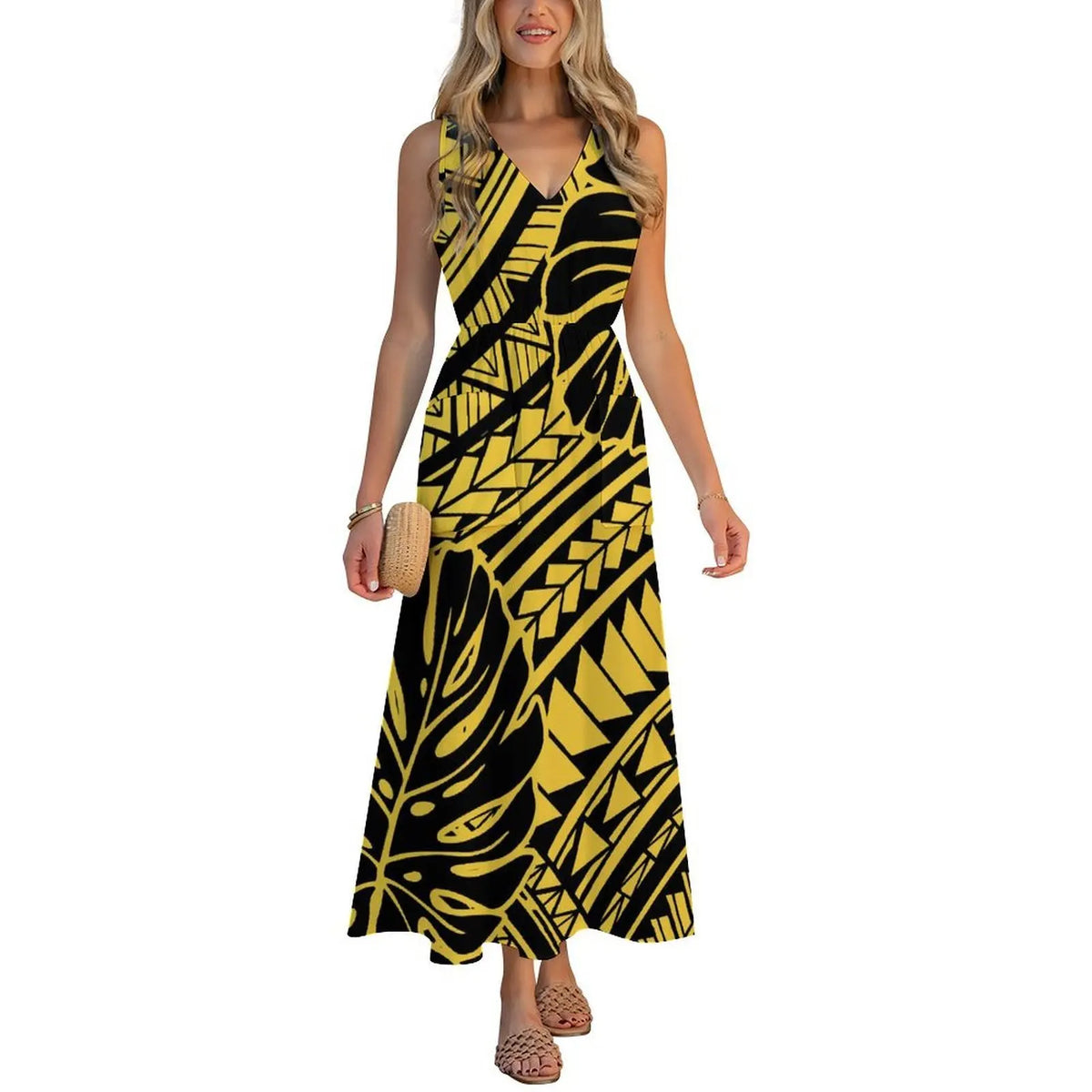 Factory Wholesale Price Custom Sleeveless Design Ladies Dresses Pacific Island Design V-neck Vest I-pocket Dress Womens Dress