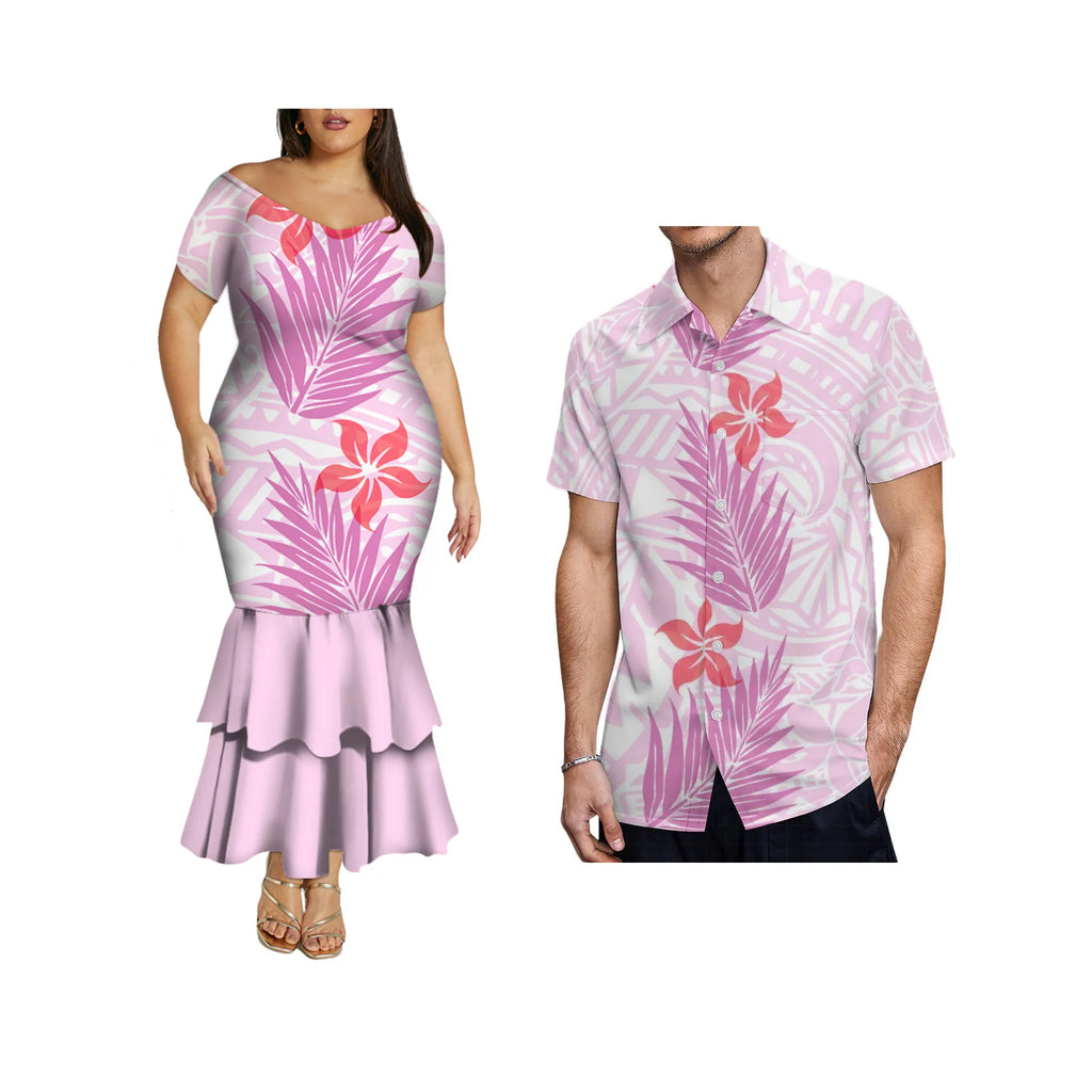 Dropshipping Design Hawaii Print Plus Size Women Mermaid Long Dress Custom Match Summer Aloha Men Shirt Couple Clothing 2 Pieces