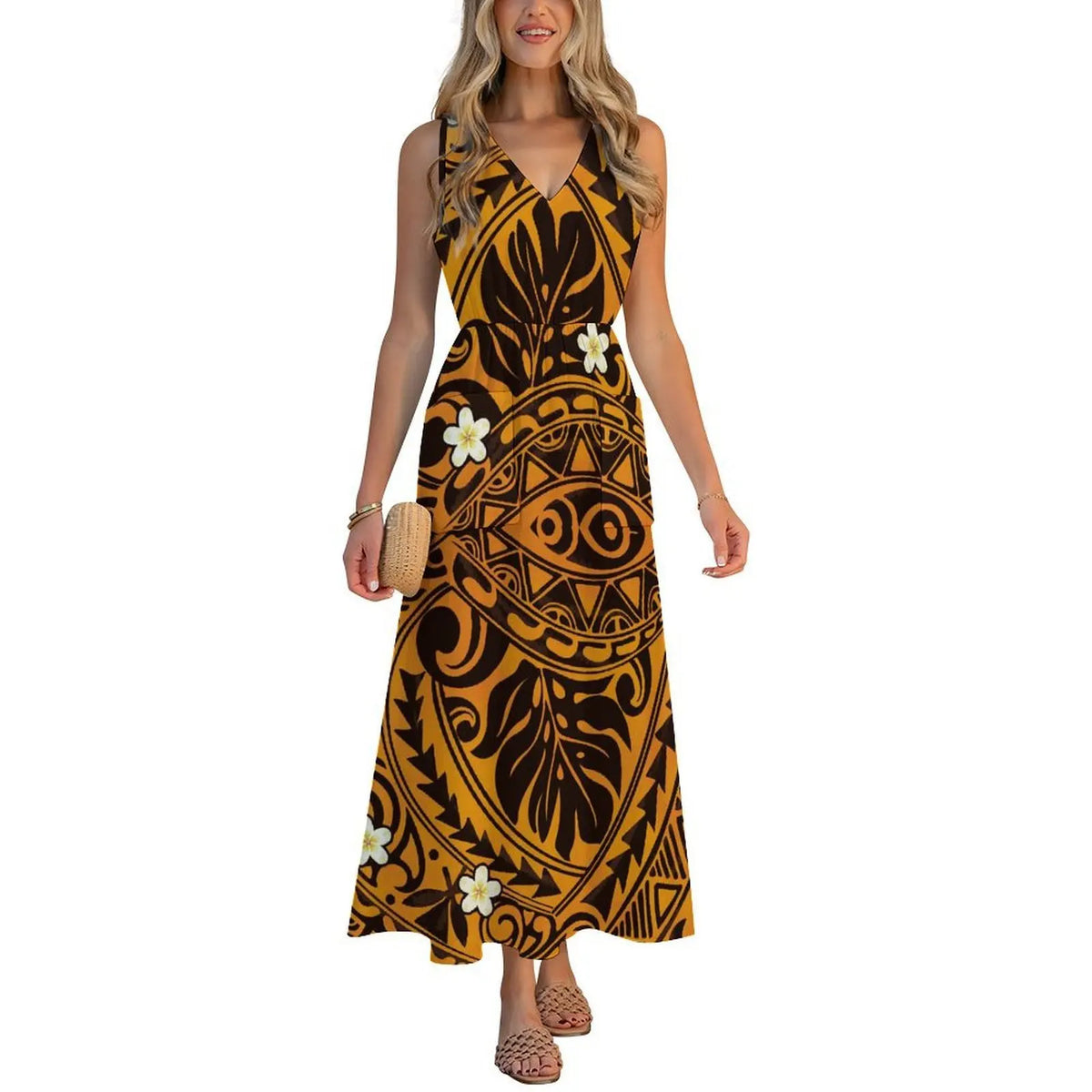 Factory Wholesale Price Custom Sleeveless Design Ladies Dresses Pacific Island Design V-neck Vest I-pocket Dress Womens Dress