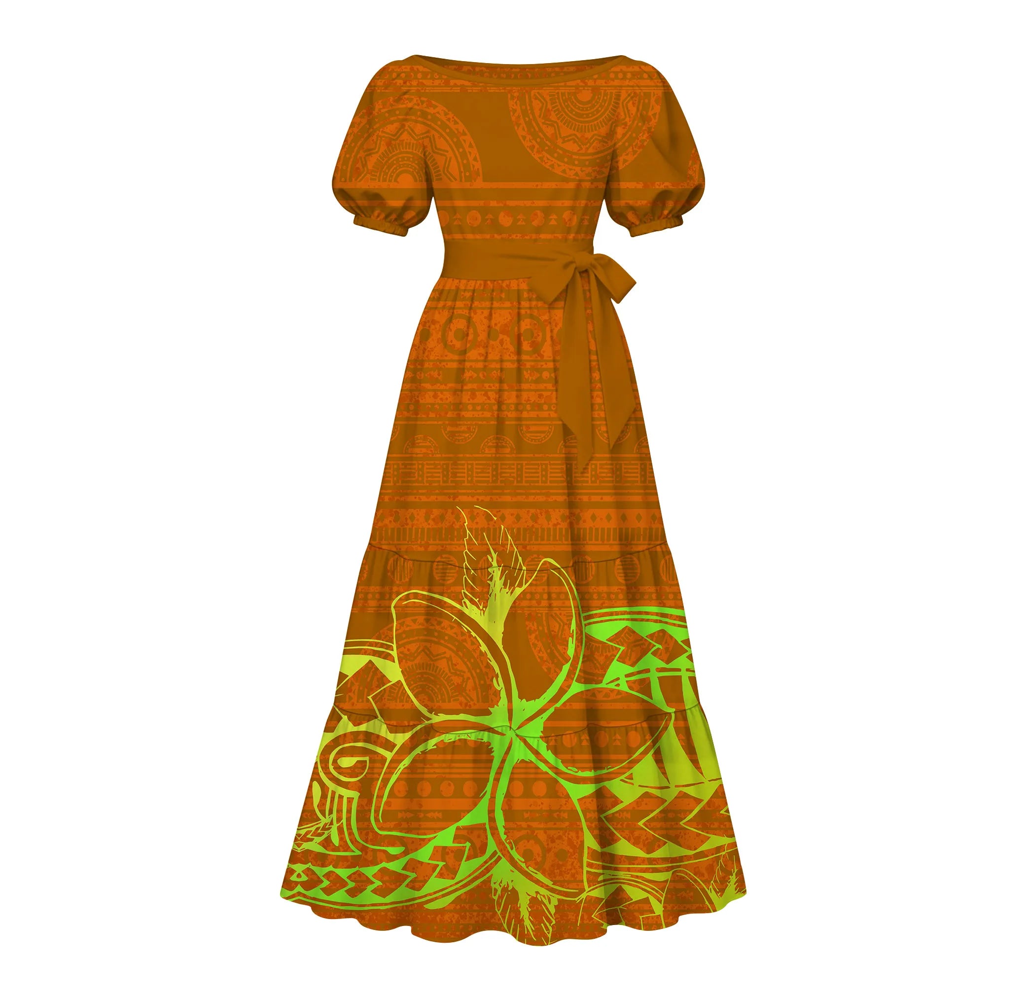 Made to Order Tonga Polynesian Hibiscus Tribal Motif Puff Sleeve Tiered Maxi Dress square Neck Ladies Island Daily Apparel