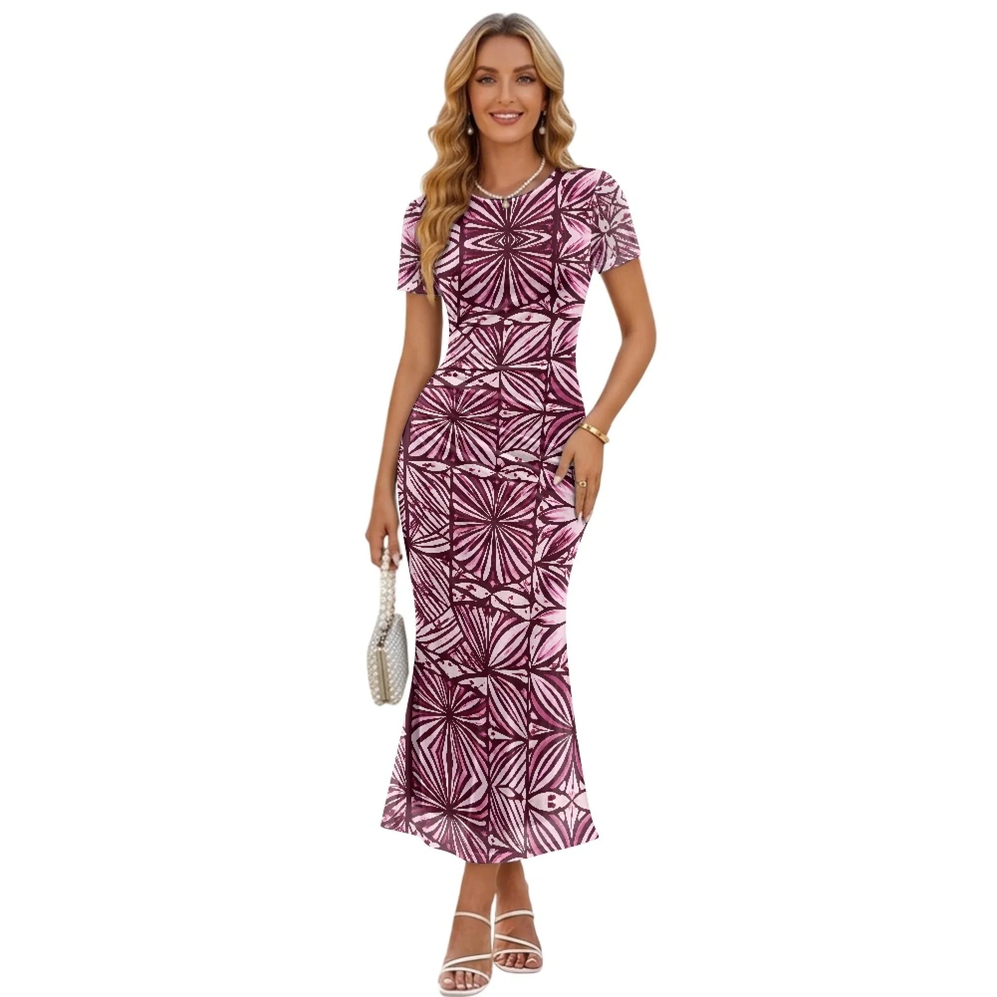 Fashion Trendy Polynesian Samoan Tattoo Tapa Design Plus Size Women Long Party Dress Round Neck Short Sleeved Elegant Slim Dress