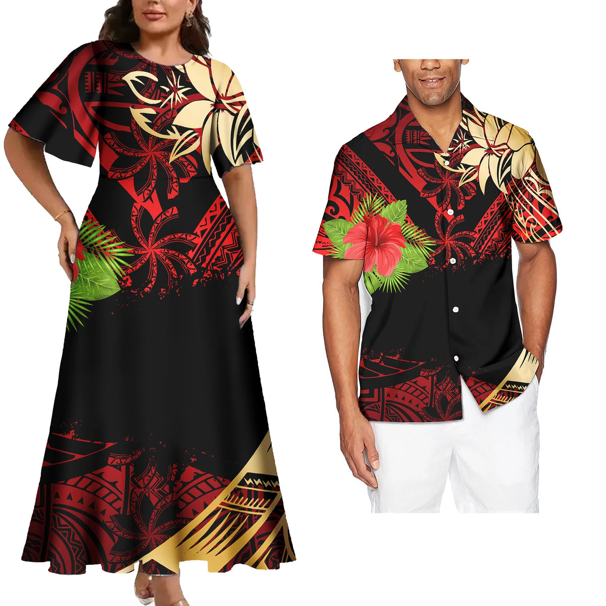 Hot Sales Polynesian Samoan Tribal Custom Design Women's Big Size Dress Match Men Shirts 2 Pcs Tattoo Sets of Couple