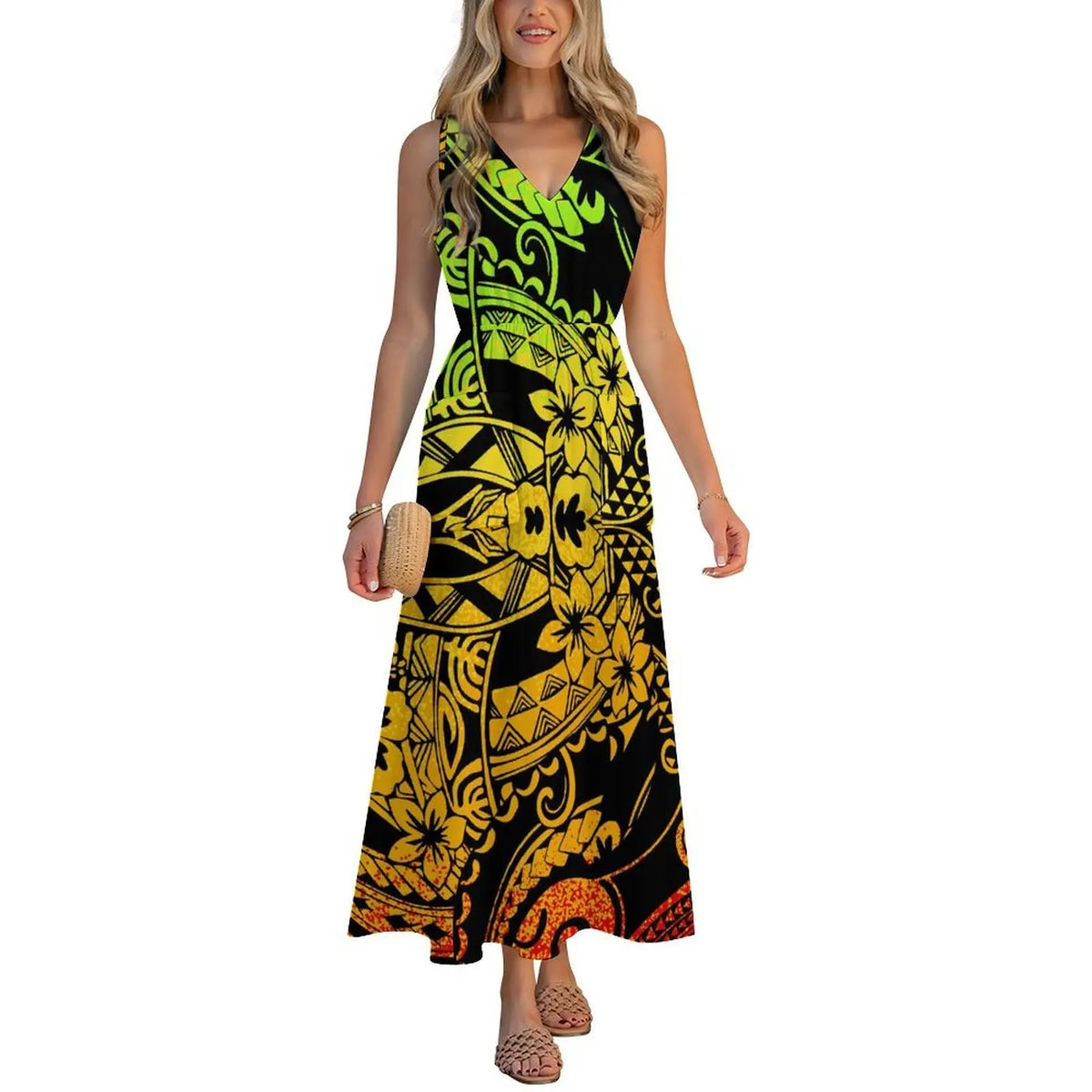 Factory Wholesale Price Custom Sleeveless Design Ladies Dresses Pacific Island Design V-neck Vest I-pocket Dress Womens Dress