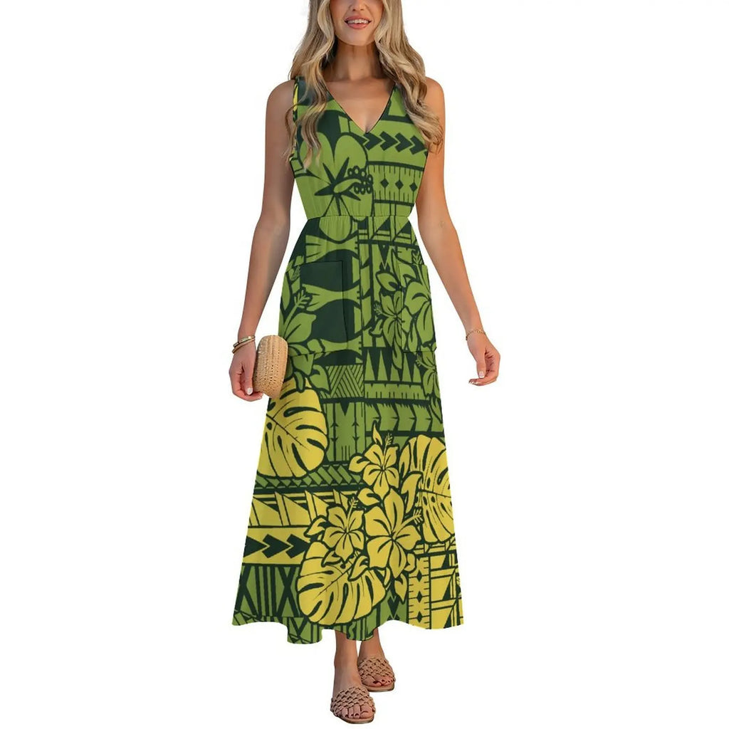 Factory Wholesale Price Custom Sleeveless Design Ladies Dresses Pacific Island Design V-neck Vest I-pocket Dress Womens Dress