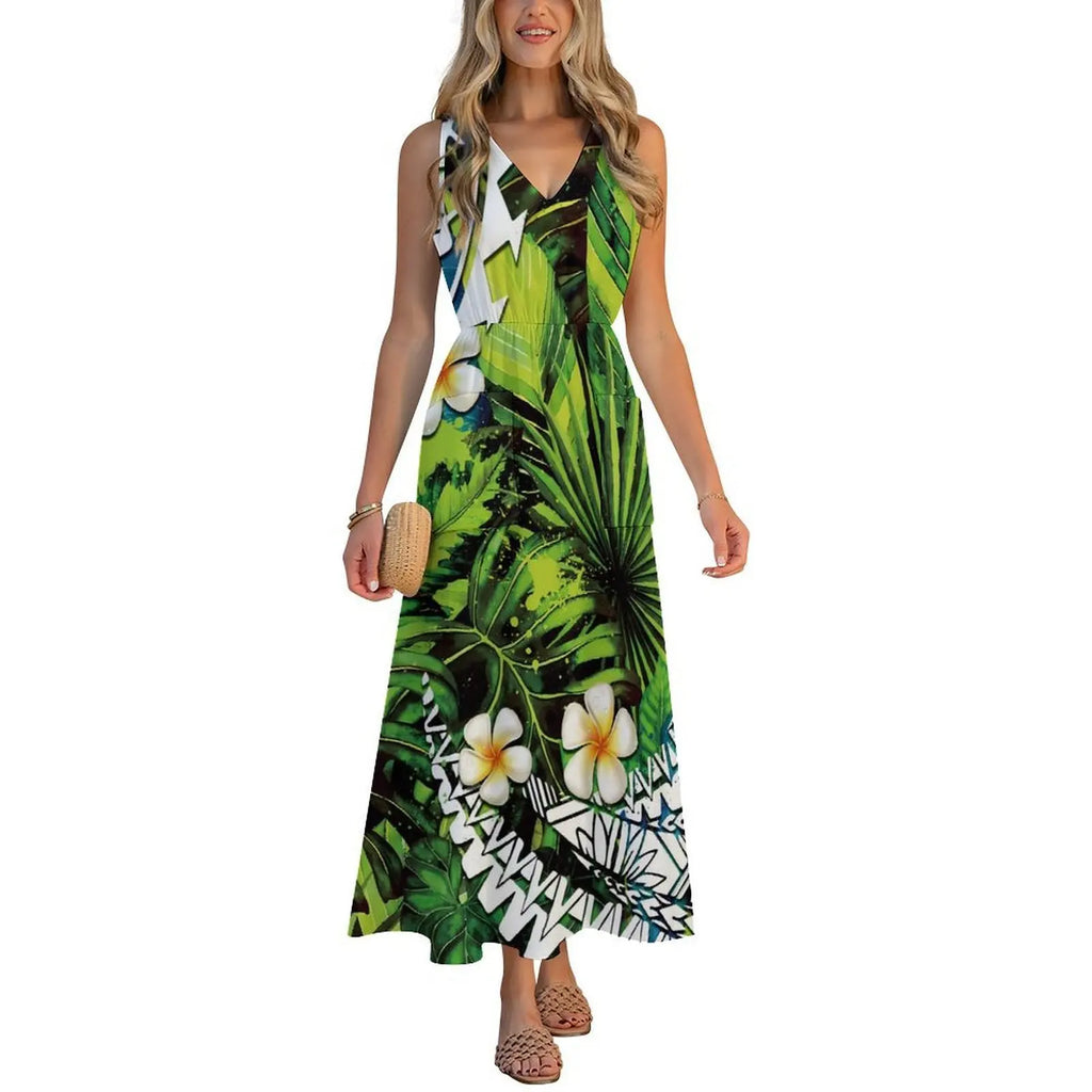 Factory Wholesale Price Custom Sleeveless Design Ladies Dresses Pacific Island Design V-neck Vest I-pocket Dress Womens Dress