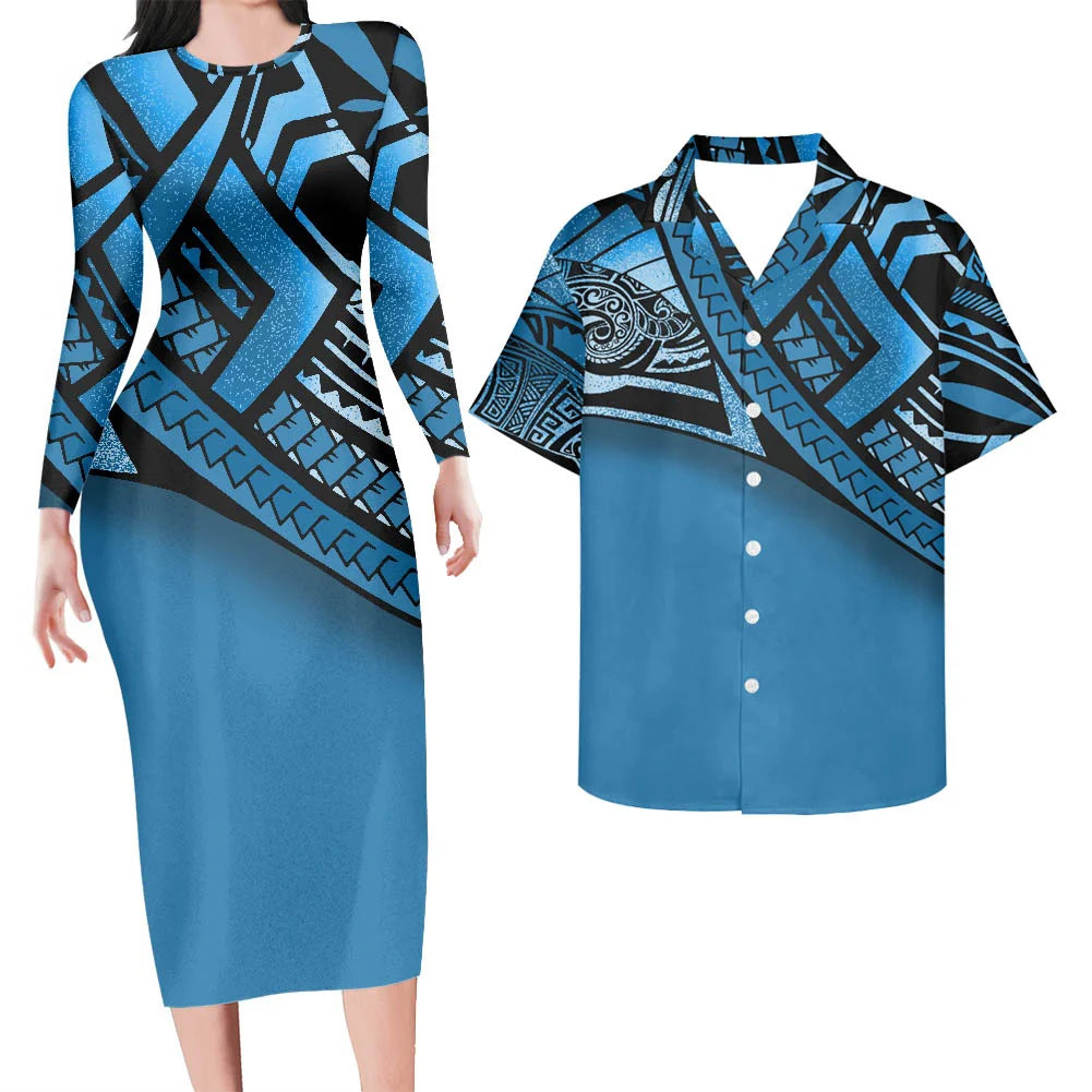 Valentine's Days Couple Clothing Set Plus Size Women's Dresses Matching Men Shirts Pacific Island Pattern Women Elegant Dresses