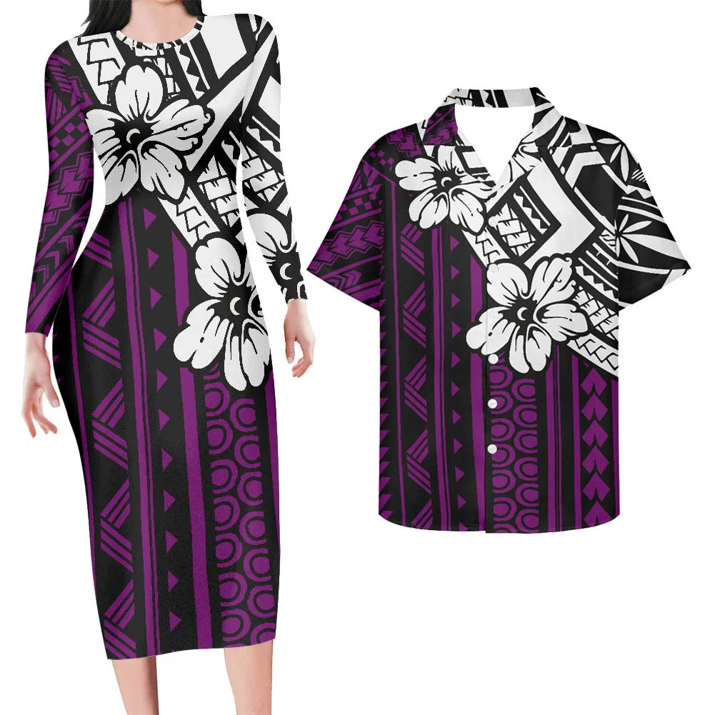 Valentine's Days Couple Clothing Set Plus Size Women's Dresses Matching Men Shirts Pacific Island Pattern Women Elegant Dresses