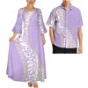 Pink Tribal Floral Matching Couple Outfit Ladies Flare Sleeve Long Dress Men Aloha Shirt Tropical Beach Vacation Matching Set